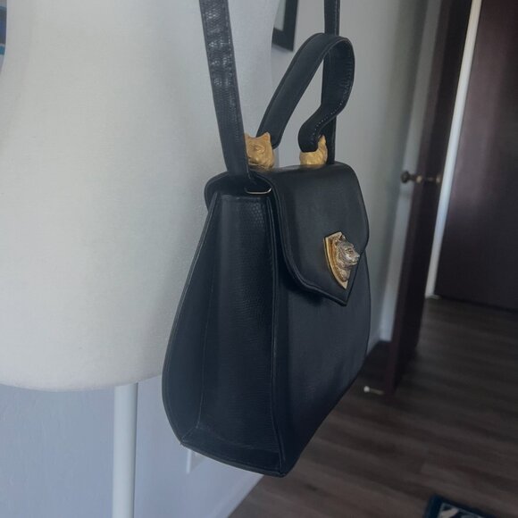 Vintage Black Leather Shoulder Bag with Gold Cat Accent Detail - Picture 10 of 11